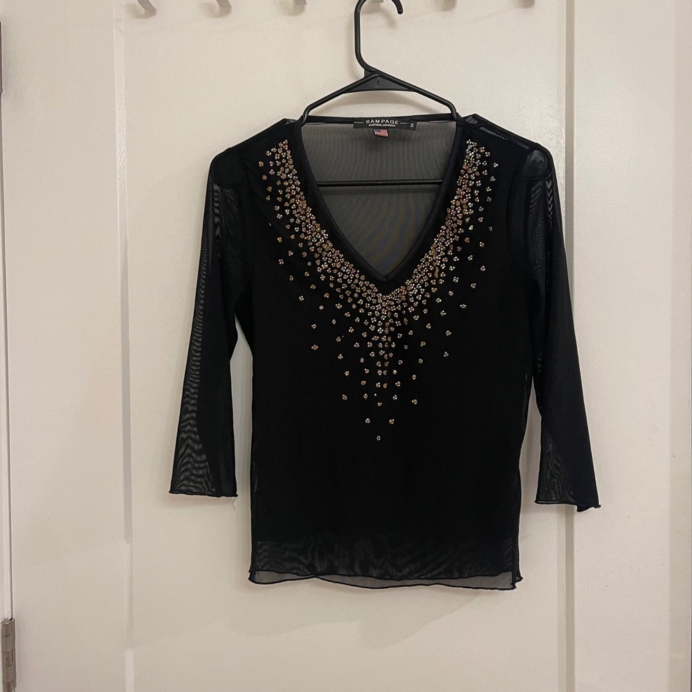 Vintage Y2K Mesh Black Beaded Blouse V Neck Concert Sheer Fairycore Whimseygoth